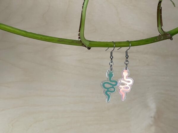 Acrylic iridescent snake dangle earrings, hanging