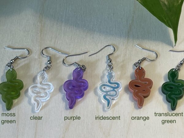 Acrylic snake dangle earrings in multiple colors with labels