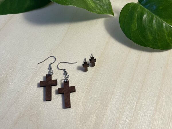 Wooden dangle cross earrings and wooden cross stud earrings, as a set.