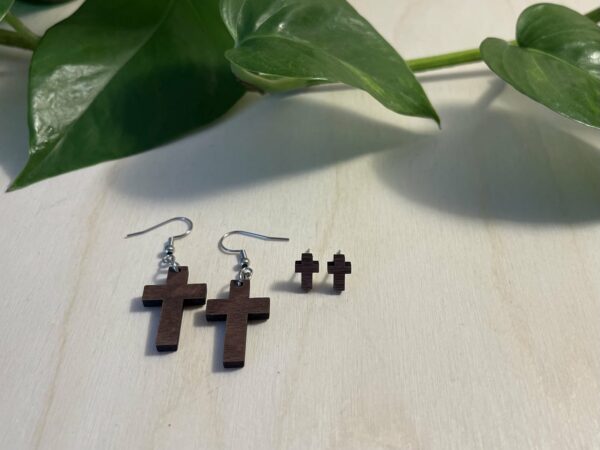 Wooden dangle cross earrings and wooden cross stud earrings, as a set.