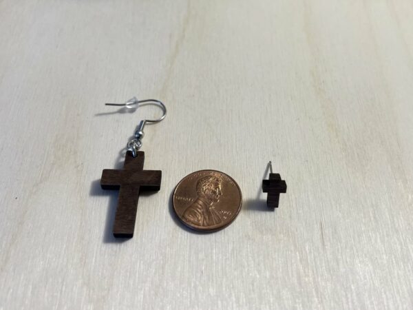 Wooden dangle cross earrings and wooden cross stud earrings, as a set.