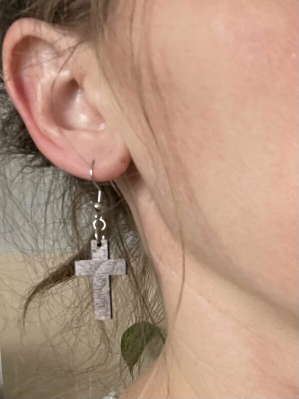 Wooden dangle cross earrings and wooden cross stud earrings, as a set.