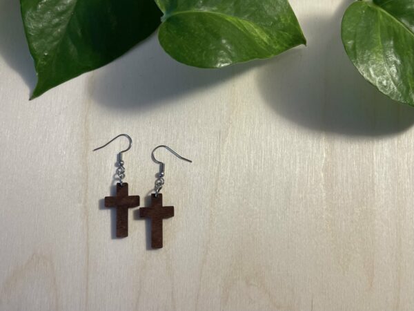 Wooden dangle cross earrings and wooden cross stud earrings, as a set.