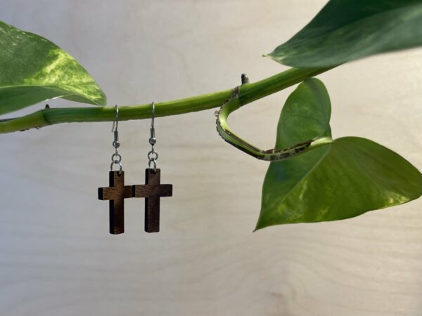 Wooden dangle cross earrings and wooden cross stud earrings, as a set.