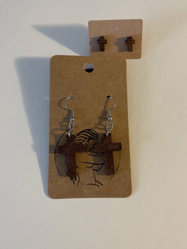 Wooden dangle cross earrings and wooden cross stud earrings, as a set.