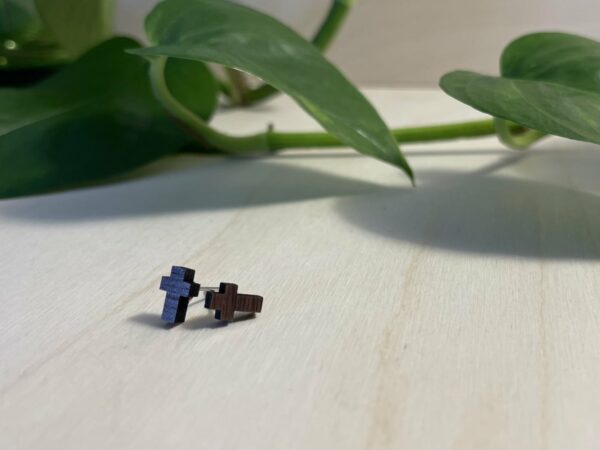 Wooden dangle cross earrings and wooden cross stud earrings, as a set.