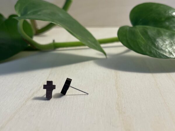 Wooden dangle cross earrings and wooden cross stud earrings, as a set.